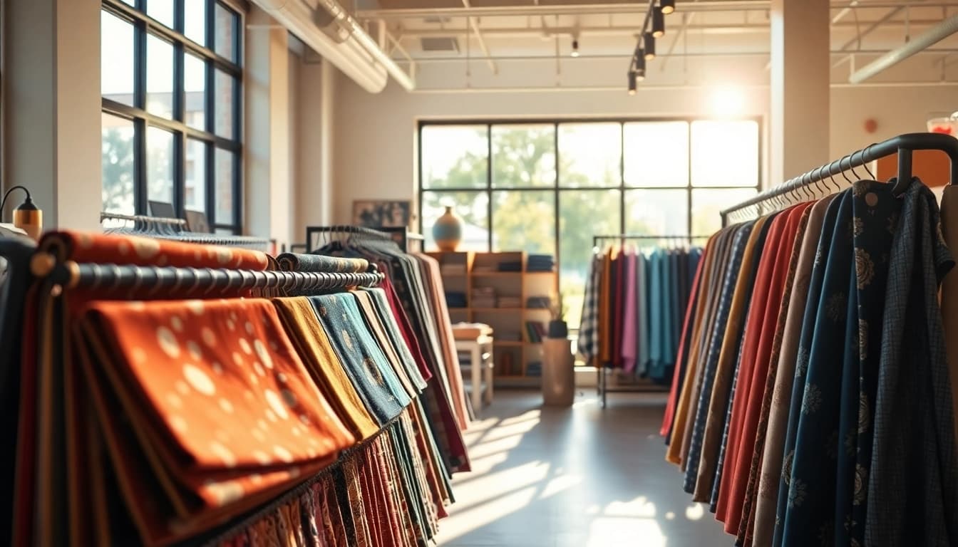 Bekijk stoffen webshop Nederland met een stijlvolle opstelling van textielstalen en warme verlichting.