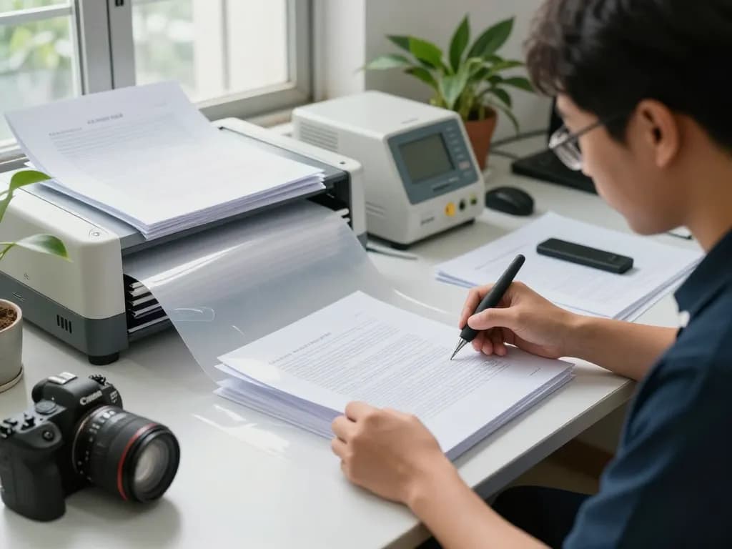 gỡ ép plastic hà nội restoration process, technician carefully removing laminate from documents without damage
