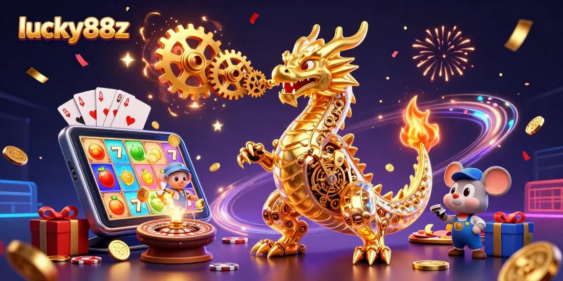 Engage with lucky88z's vibrant 3D casino illustration showcasing a golden dragon and dynamic gaming elements.