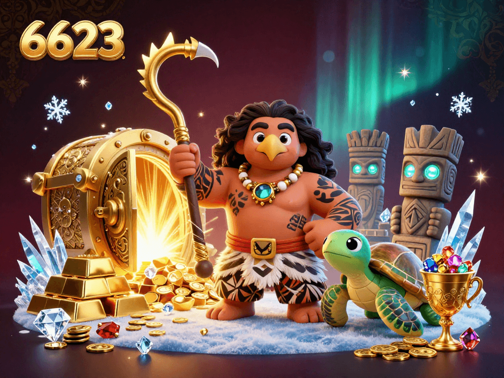 Experience exciting gaming with 6623 as a demigod and turtle immerse in a treasure-filled 3D casino scene.