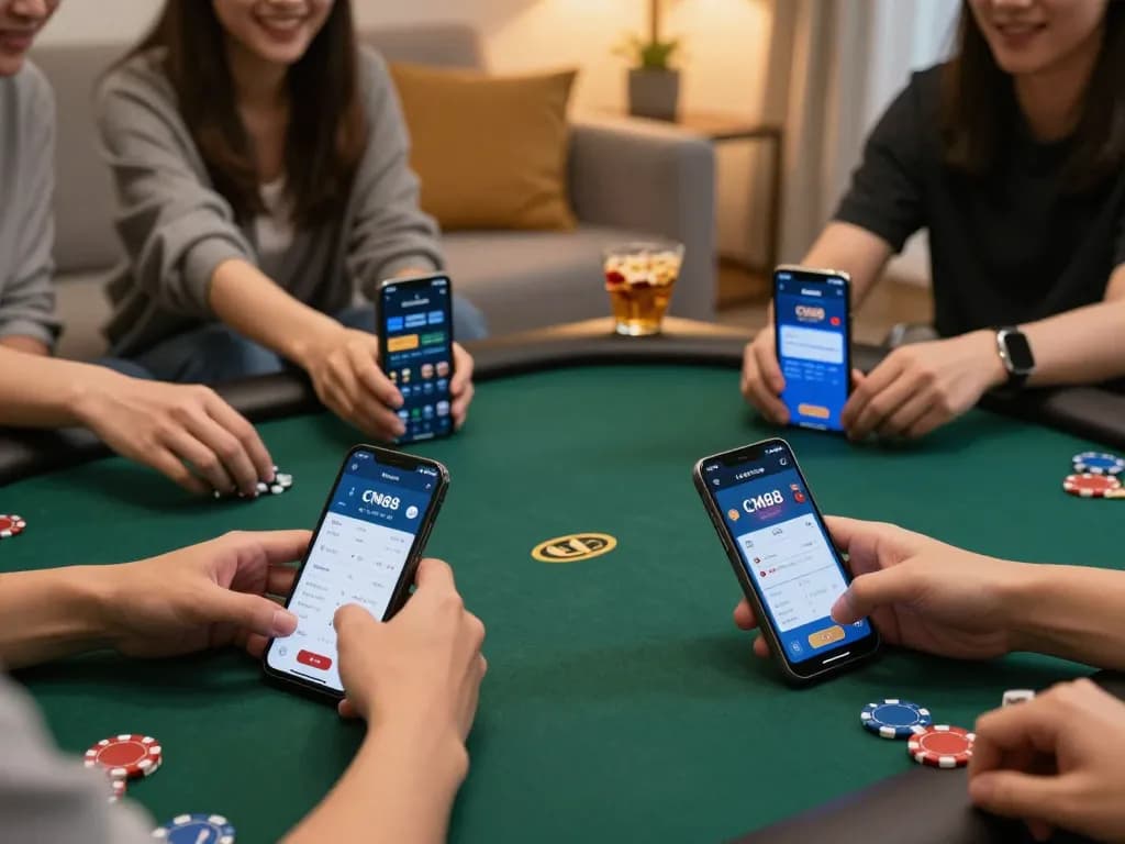 Players using CM88 app for online poker strategy in a cozy living room setting