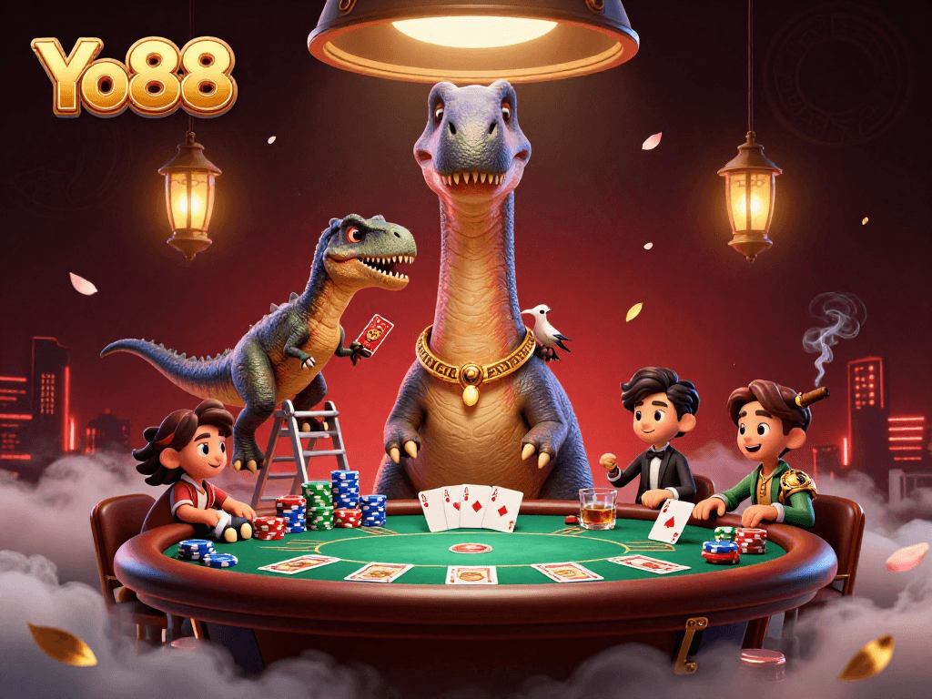 Experience thrilling poker action at Yo88 with playful dinosaur characters and vibrant casino elements.