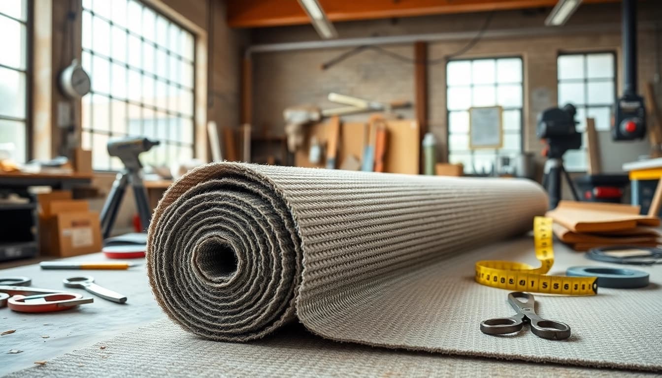 Evaluate fiberglass matting in a workshop setting with detailed textures and tools around.