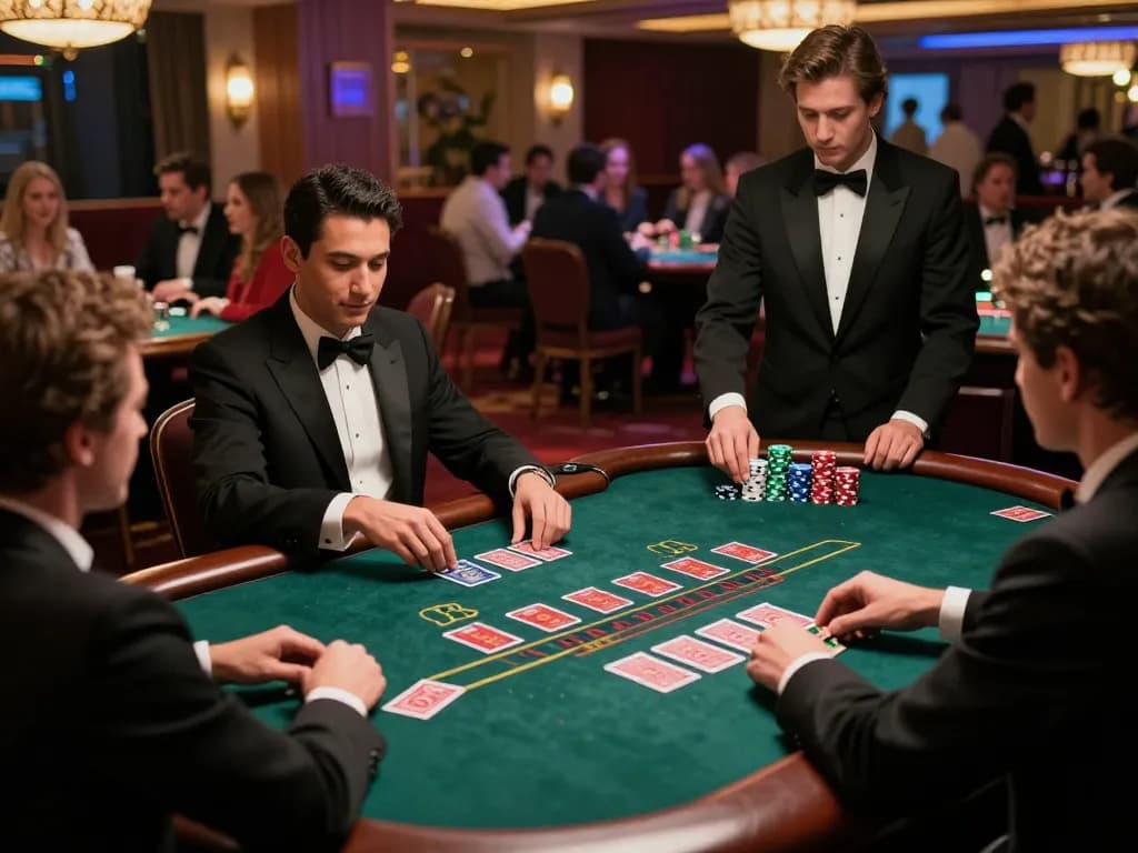 Suasana menarik di meja blackjack kasino mewah saat pemain memasang taruhan dan menikmati paris888 daftar.
