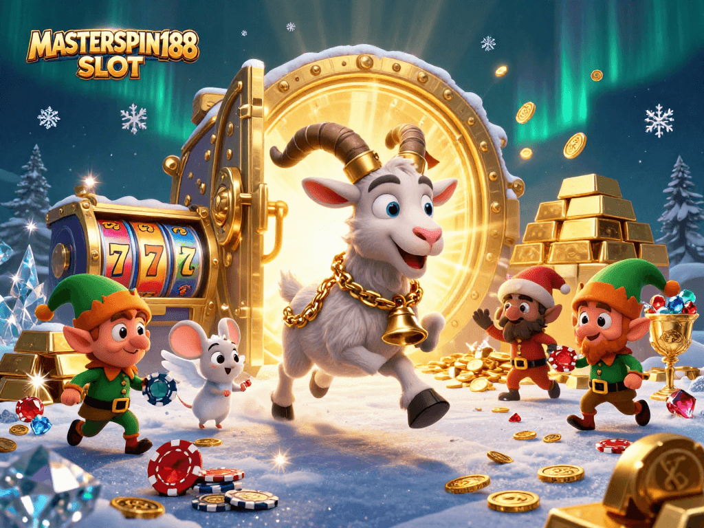 Engage with the MASTERSPIN188 SLOT gameplay in a vibrant holiday-horror casino scene filled with riches.
