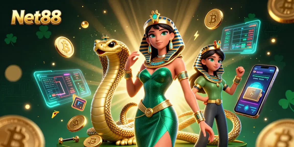 Win big at Net88 with stunning 3D casino characters surrounded by vibrant crypto elements.