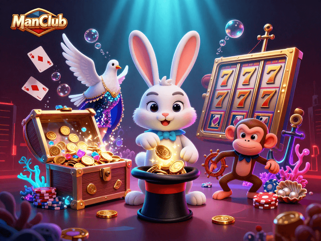 ManClub's magical rabbit and friends showcase exciting slot reels amidst vibrant casino thrills.