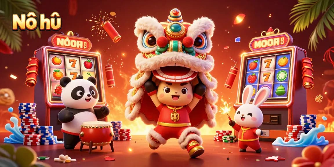 Nổ hũ slot-themed celebration featuring a lion dance, jackpot counters, and festive casino elements.