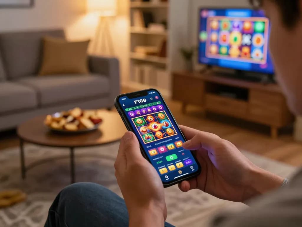 Engaging moment of mobile gaming with F168 app on smartphone, showcasing vibrant gameplay.