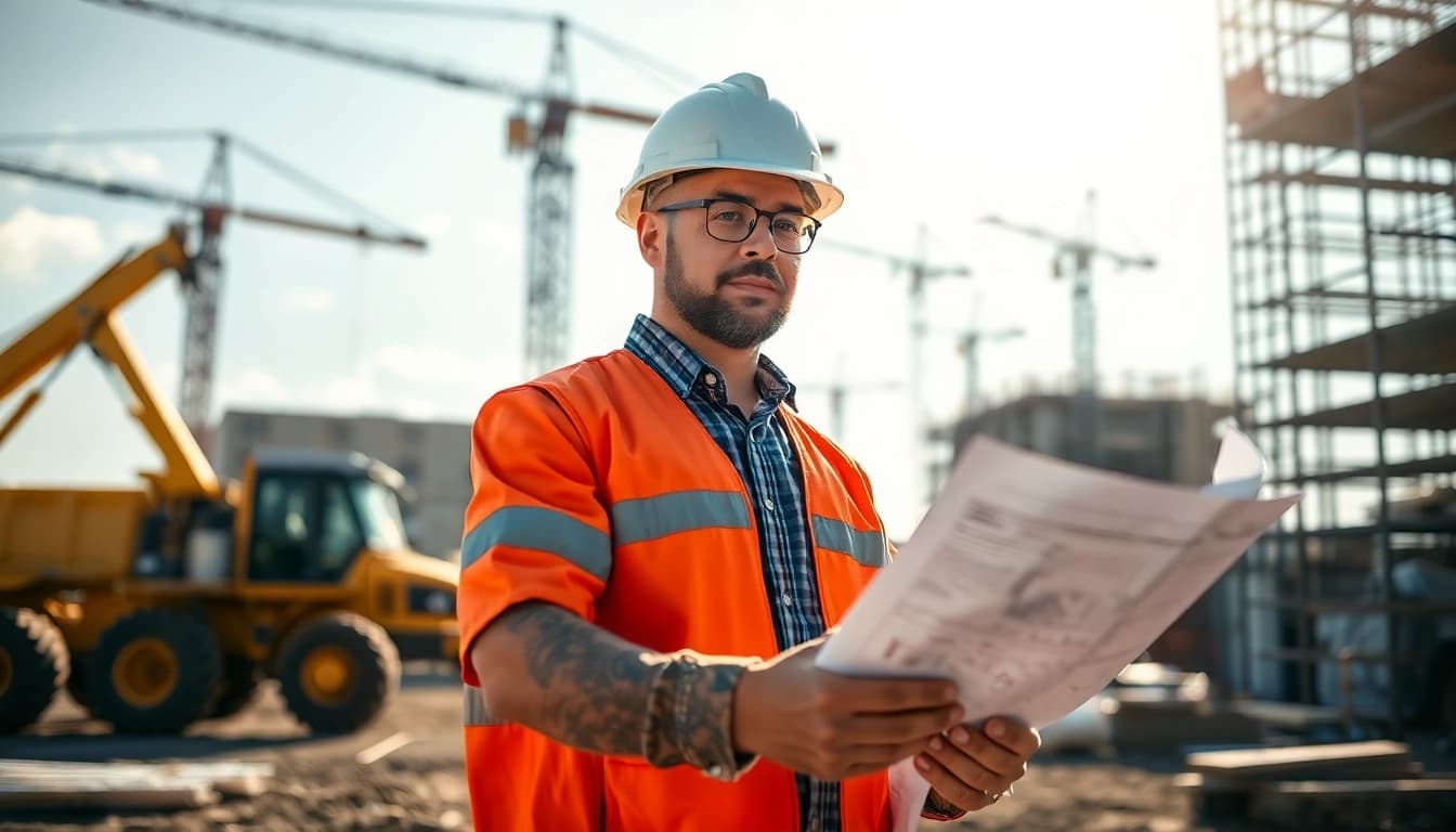 New Jersey General Contractor reviewing plans on an active construction site along with heavy machinery.
