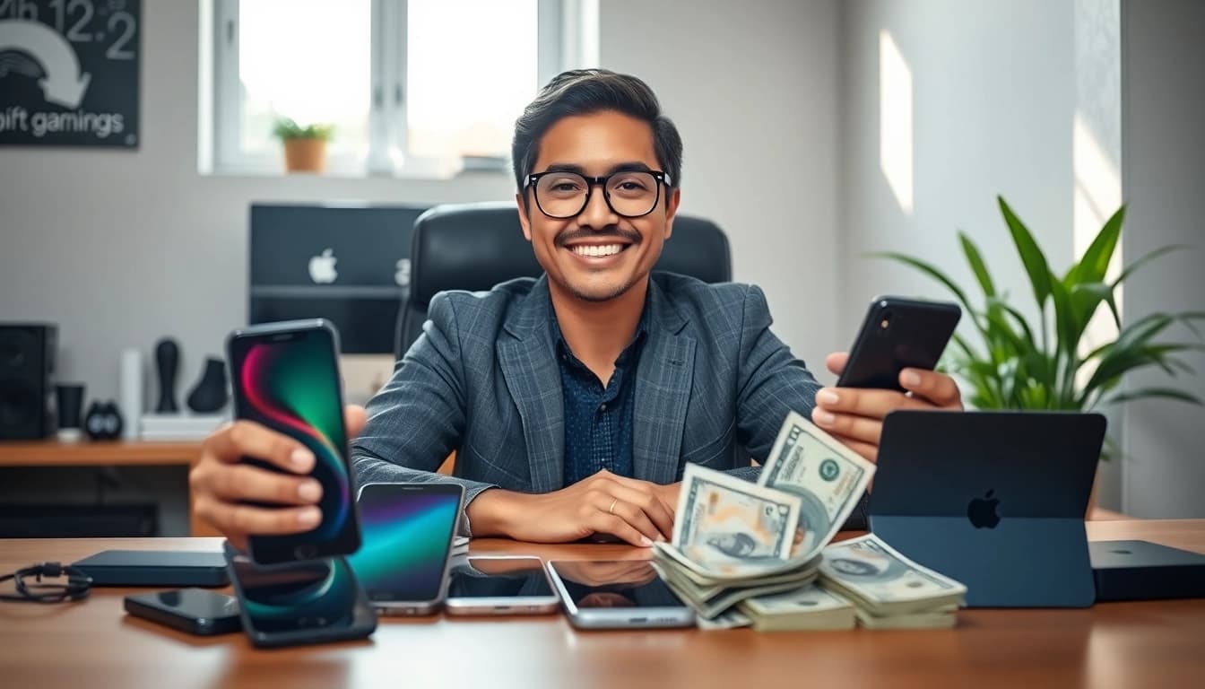 Sell Phone Today Cash concept with cash and smartphones at a modern desk
