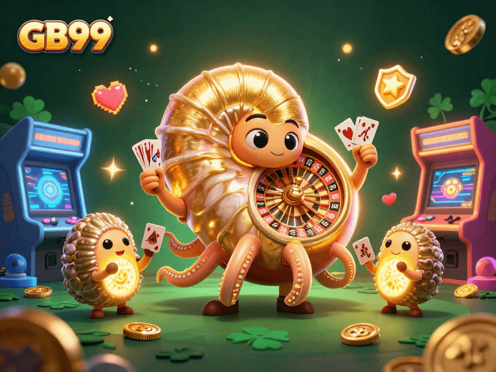 Engage with GB99's dynamic gaming scene featuring a giant nautilus roulette wheel and vibrant arcade elements.