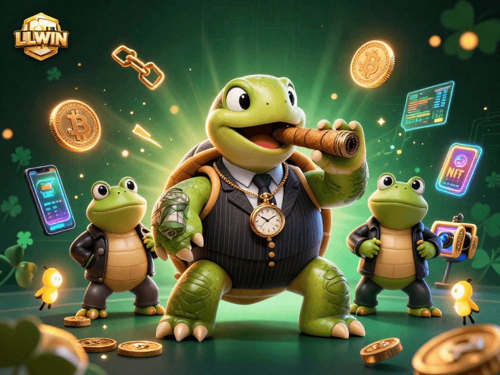 Engage with LLWIN at the lively casino featuring cartoon turtle and frog enforcers amidst crypto coins.