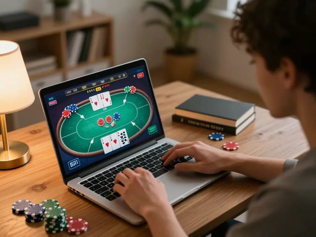 Player interacting with rokok88 online poker game, enjoying a cozy home atmosphere with focused strategy