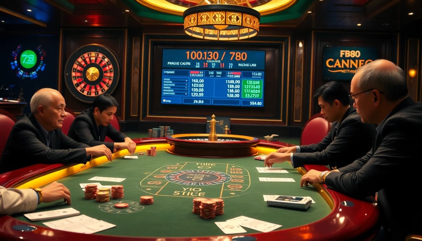 Soi Kèo FB88 betting slip at an elegant casino card table highlighting high-stakes poker action.