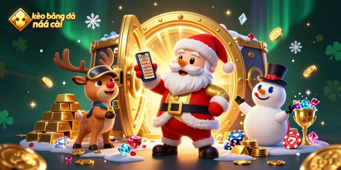 Experience kèo bóng đá nhà cái with festive characters and rich casino elements in this vibrant illustration.