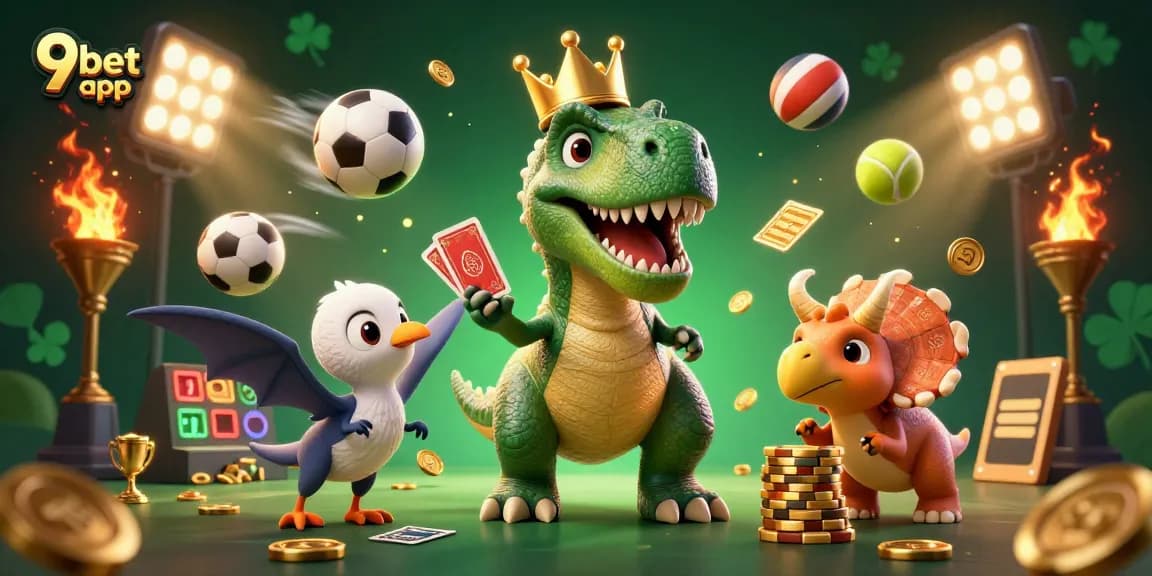 Experience the excitement of the 9bet app with a fun illustration of a T-Rex and friends in a dynamic casino setting.
