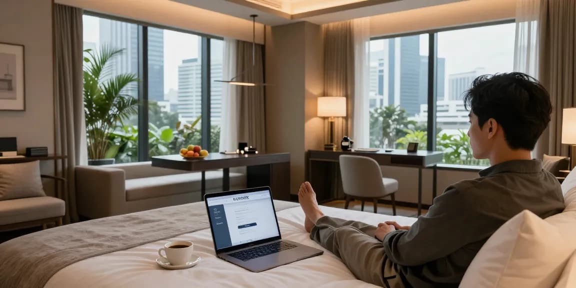 rokok88 login on a laptop in a luxurious hotel room at ROKOK88, Jakarta