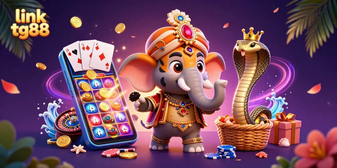 Spin to win with link tg88 in a vibrant casino scene featuring an elephant, tiger, and game elements!