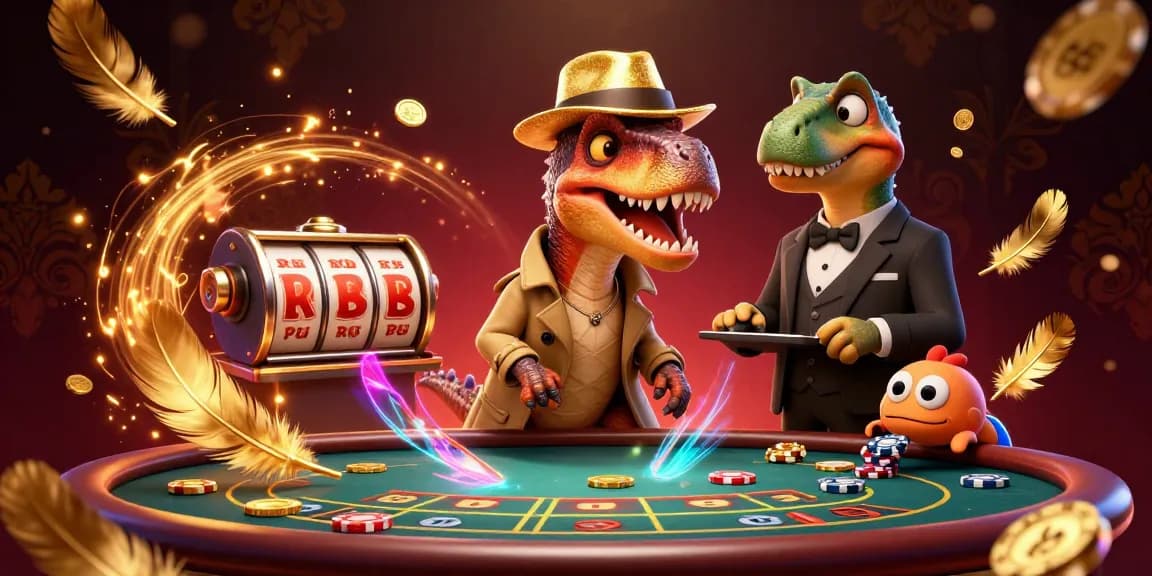 Crownwoods velociraptor card counter at a blackjack table amidst dynamic casino action.