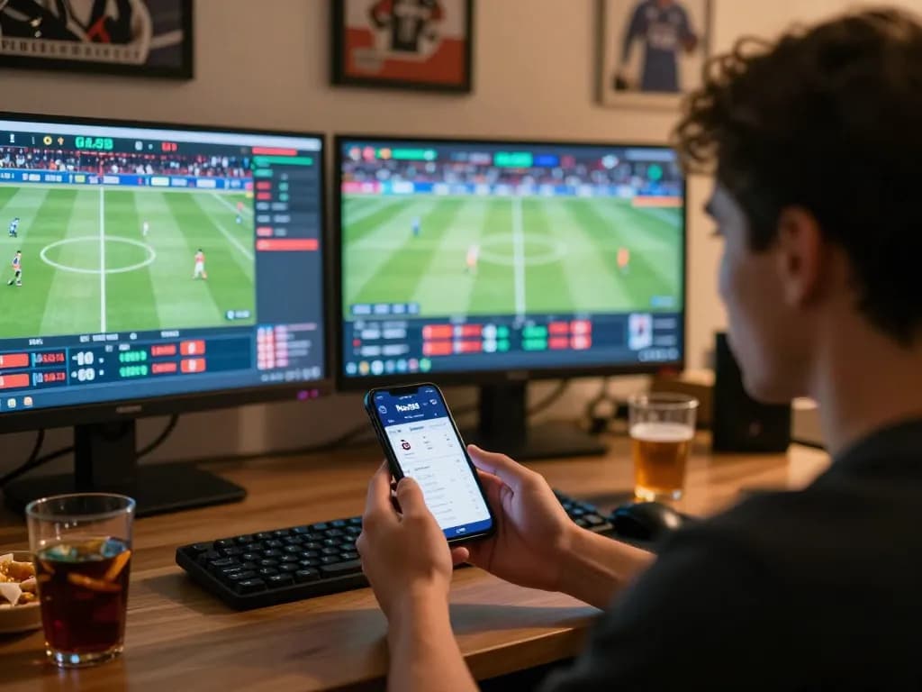 Placing sports bets on Net88 using smartphone while engaged with live game on TV.