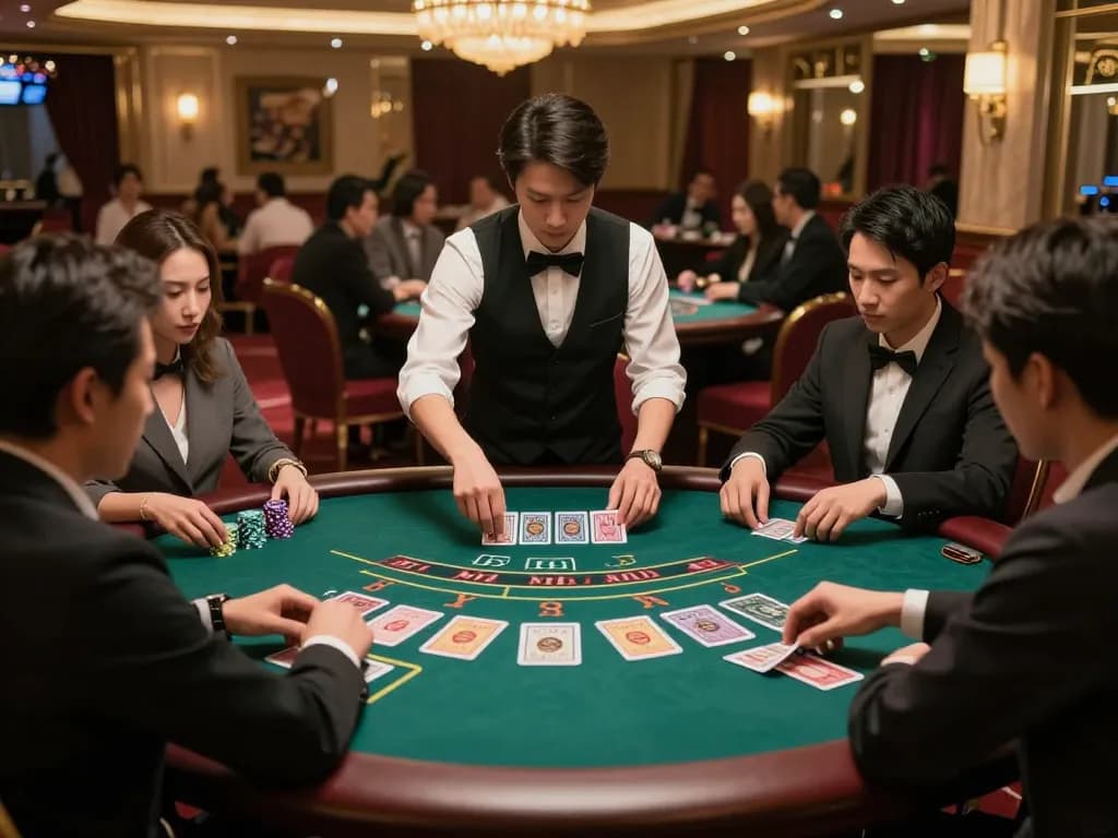Tài xỉu MD5 gameplay at a stylish casino table, players intensely strategizing their bets.
