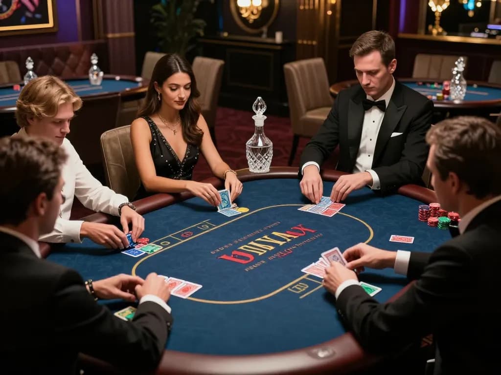 High-stakes poker action featuring j88 players in a luxurious VIP gaming room with elegant decor.