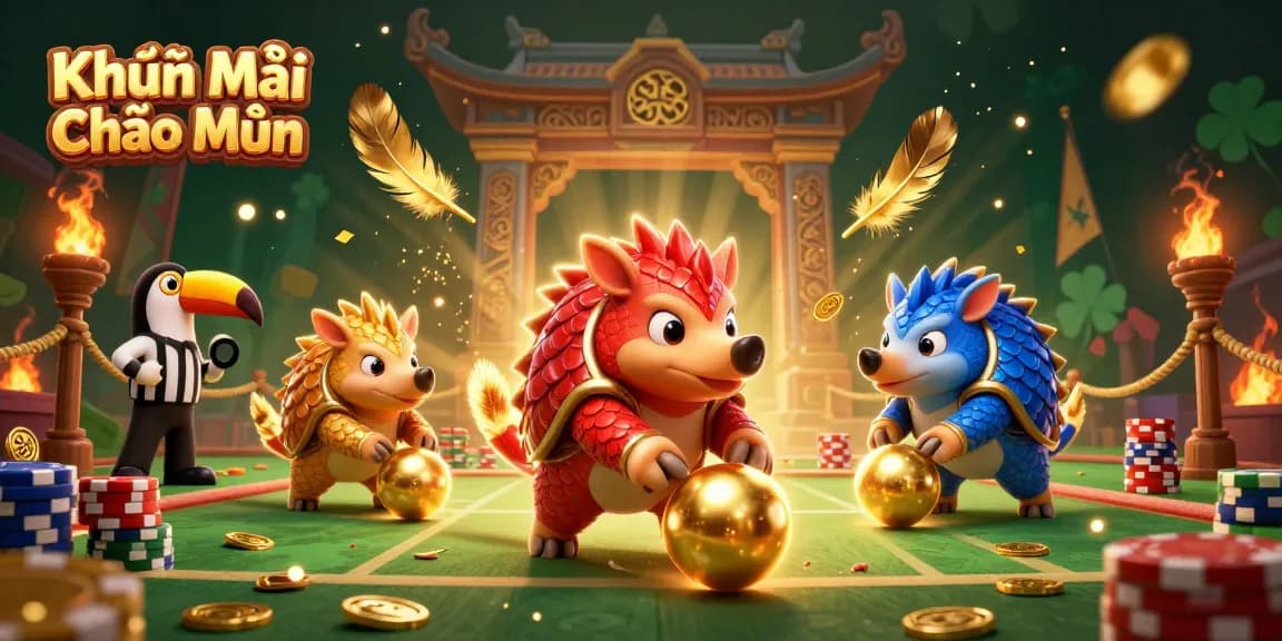 Engaging illustration of Khuyến Mãi Chào Mừng featuring cartoon pangolins competing on a casino-themed battlefield.