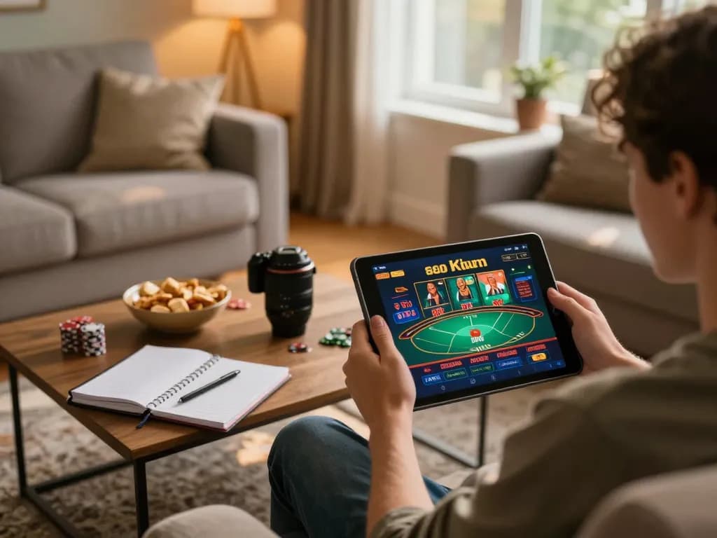 Engaging with the Trang chủ casino app for online gaming in a cozy home.