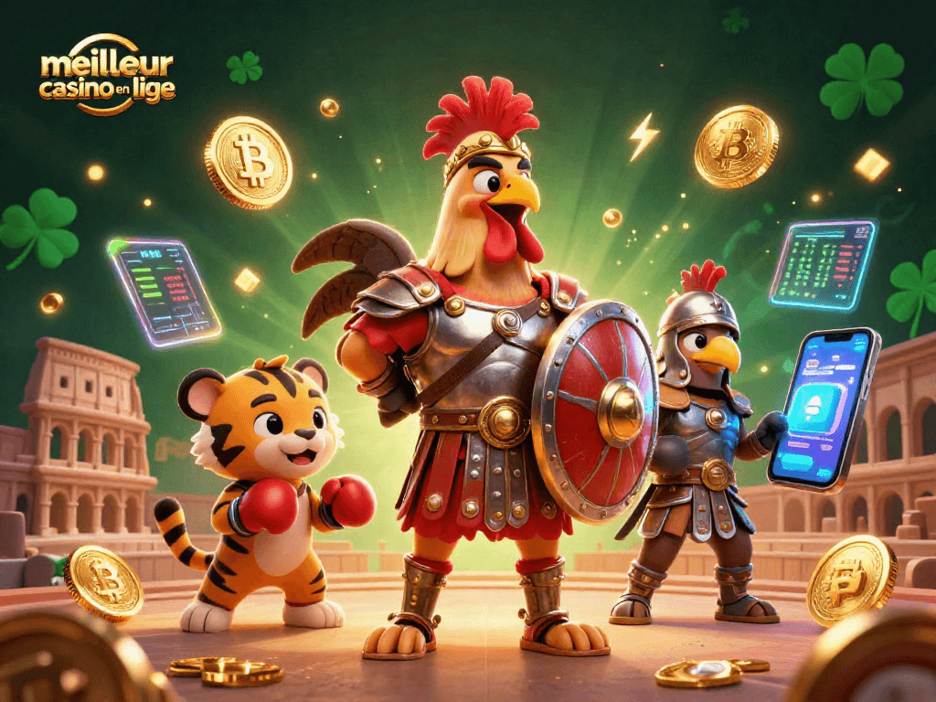 Visualisez le meilleur casino en ligne avec un combattant et un tigre dans une scène animée.