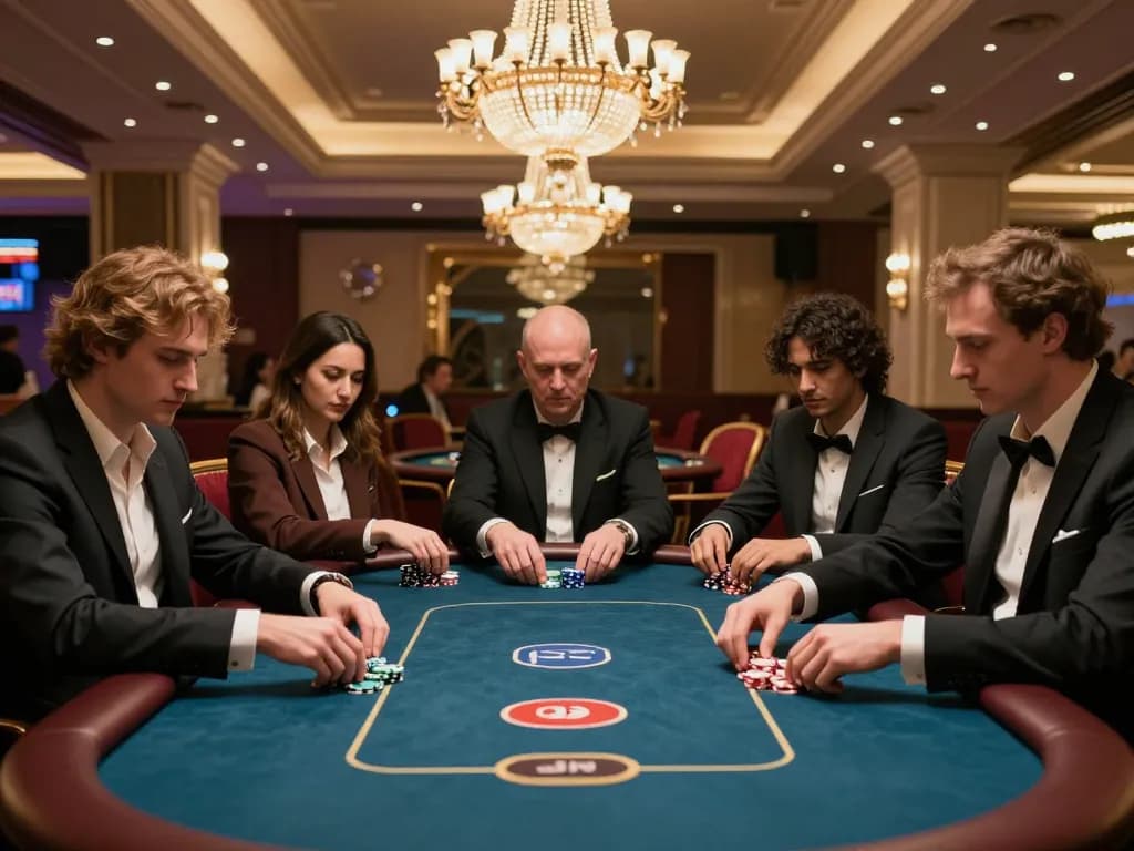 Players engaging intensely at a high-stakes poker game at nhacaiuytin casino, capturing luxury and excitement