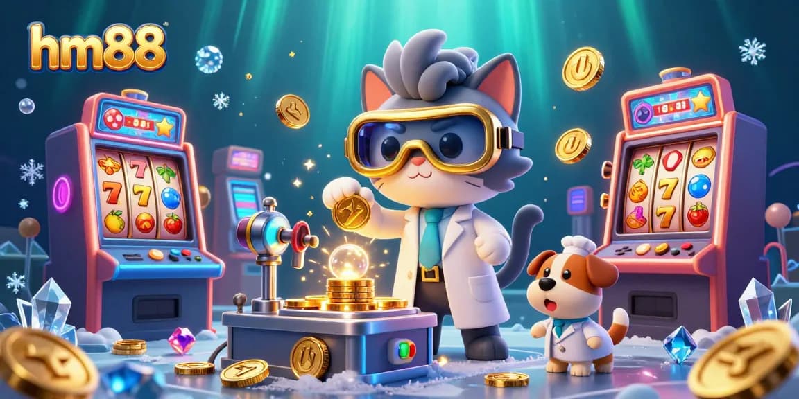 Experience the thrill of casino gaming with hm88's vibrant 3D illustration showcasing lively characters and slot machines.
