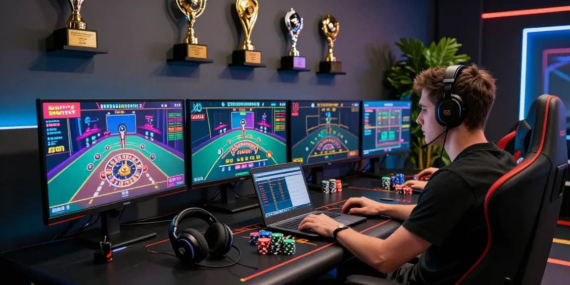 Exciting hm88 online gaming scene with multiple screens showing casino games.