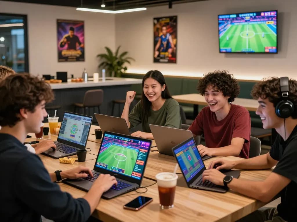 VN88 online gaming group engaged in sports betting and casino games, vibrant social atmosphere.