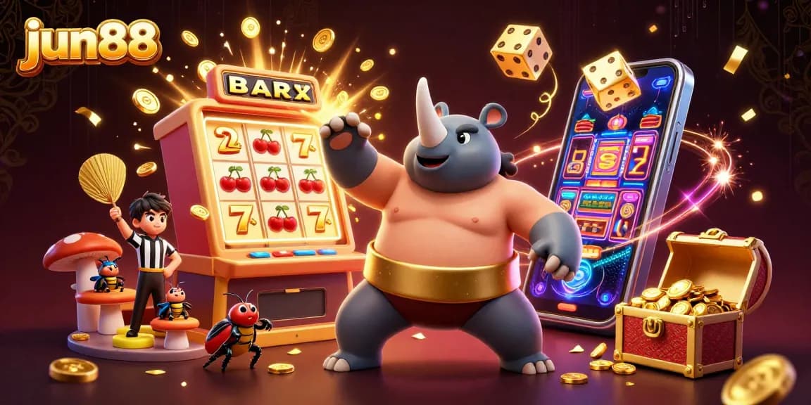 Experience winning at jun88 with a dynamic sumo champion beetle illustration amidst a vibrant casino scene.