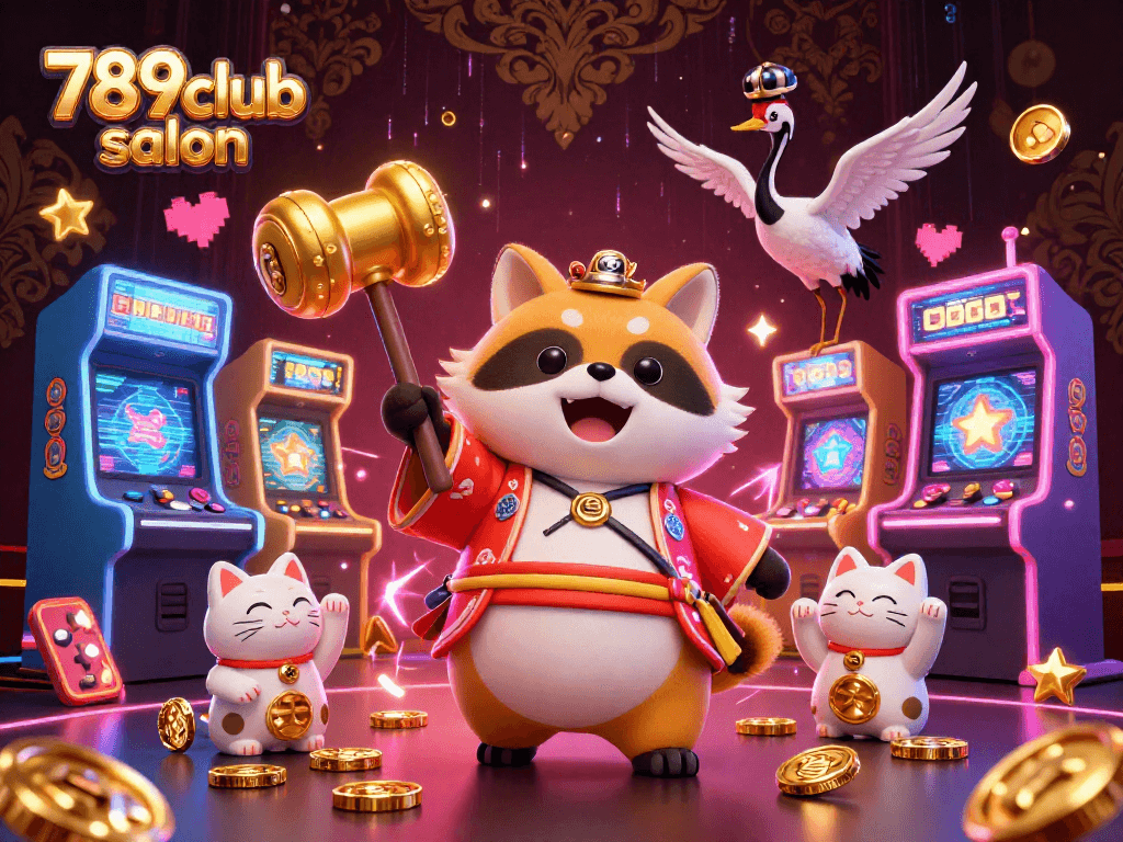 Win big at 789club salon with a joyful tanuki, vibrant gaming elements, and lucky maneki-neko