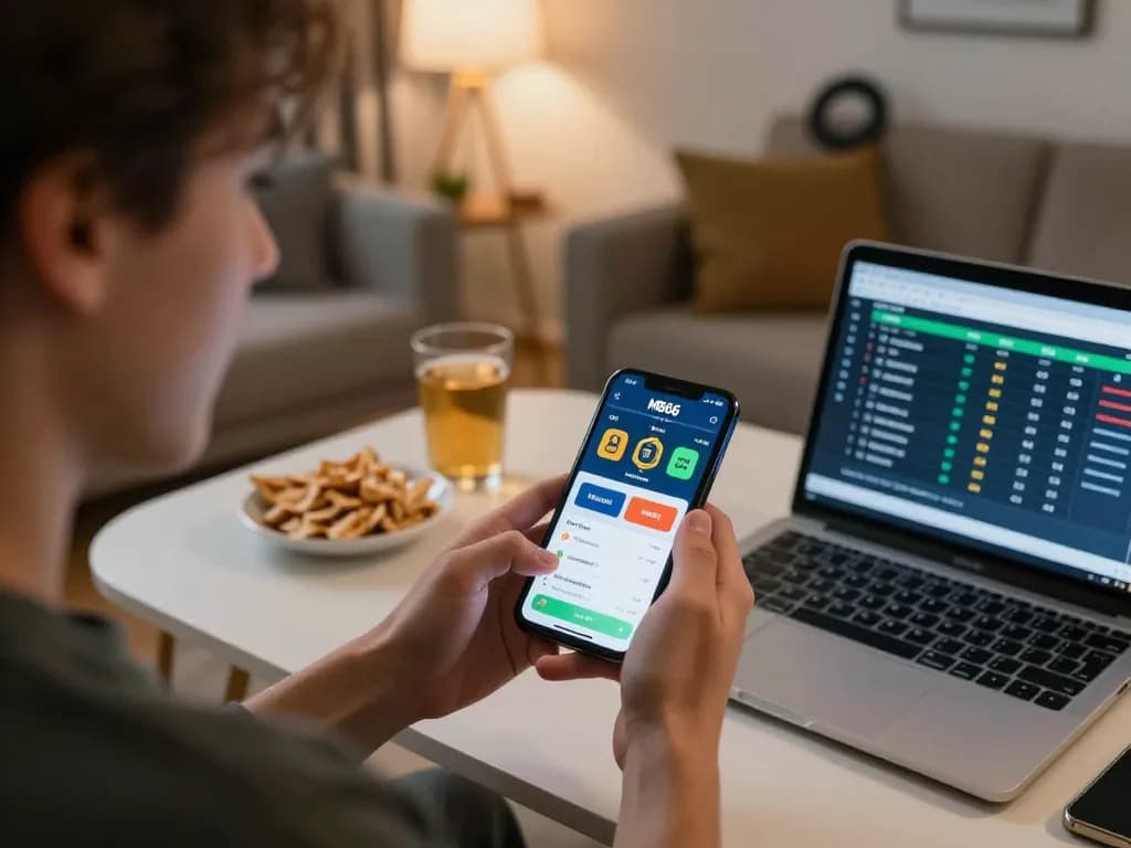 Engaging user placing bets on MB66 mobile app during exciting sports matches at home.