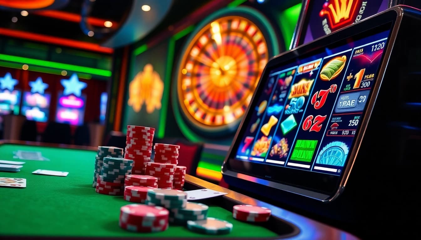 A captivating view of the 8k8 online gaming platform, showcasing a sleek casino table with cards and chips, symbolizing thrilling gambling experiences.