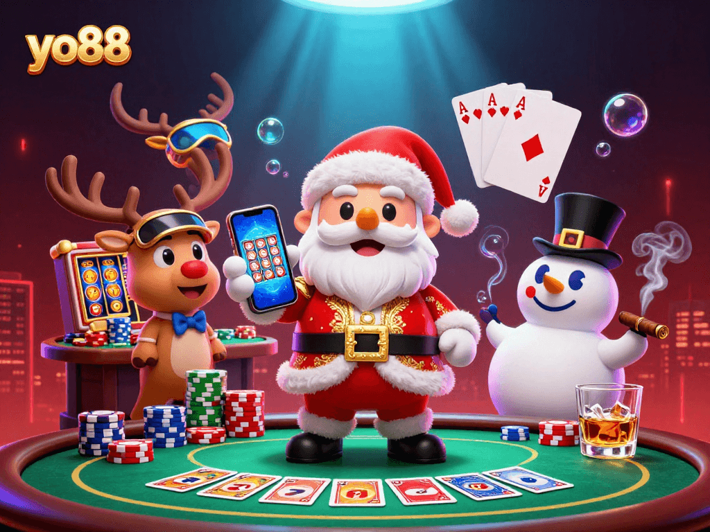 yo88 showcases festive casino fun with Santa, a reindeer dealer, and a poker chip snowman.