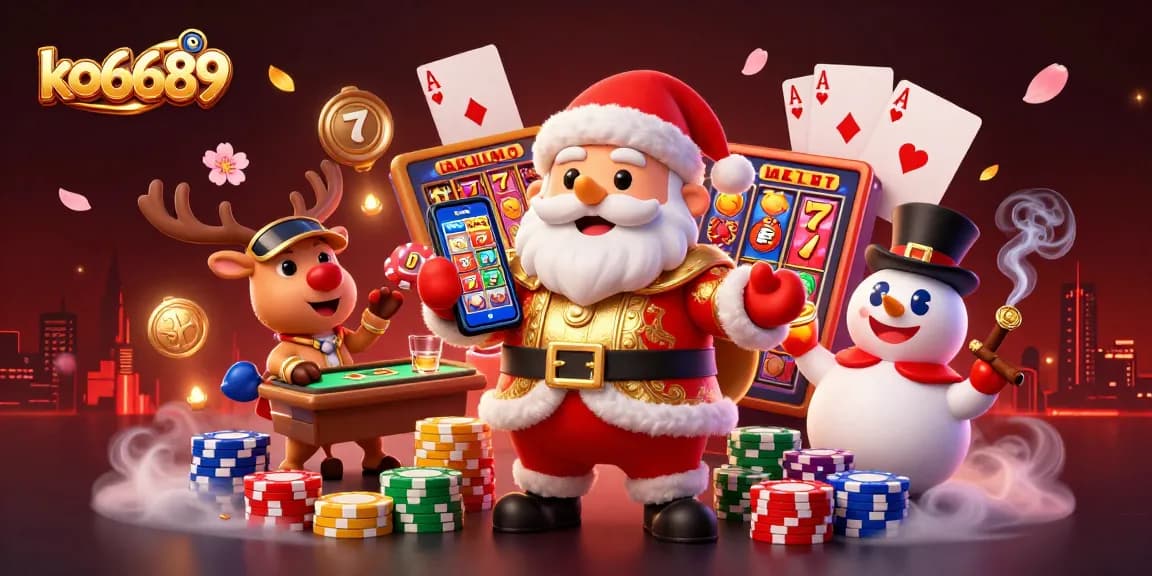 Experience exciting gaming at ko6689 with vibrant slot reels, jackpot counters, and festive characters.