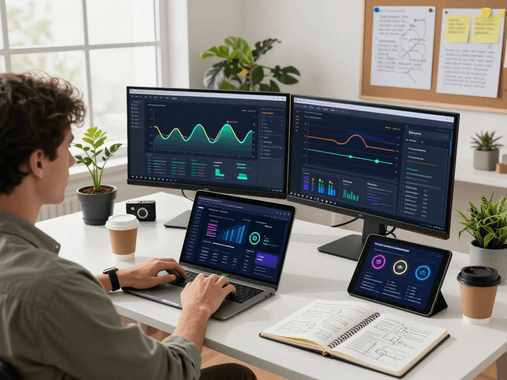 Developer optimizing the acrossprotocol interface in a modern tech workspace, showcasing innovative cross-chain solutions and governance.