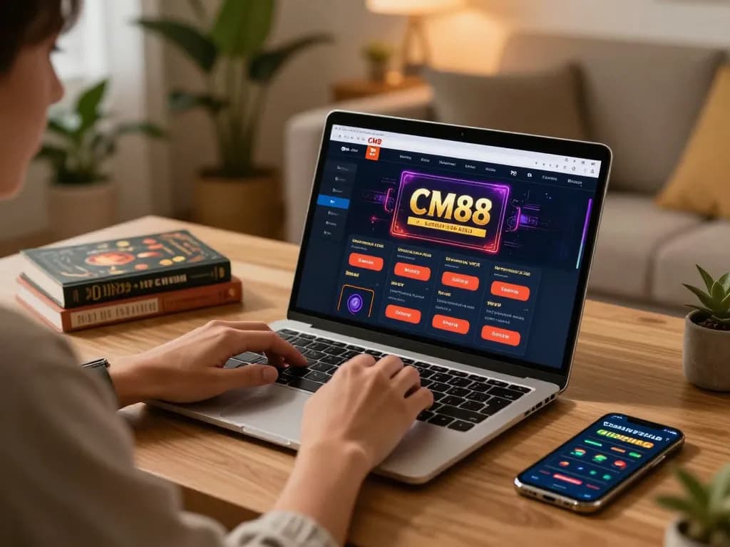 Enjoying strategic online gaming with CM88 on a laptop in a cozy home environment.