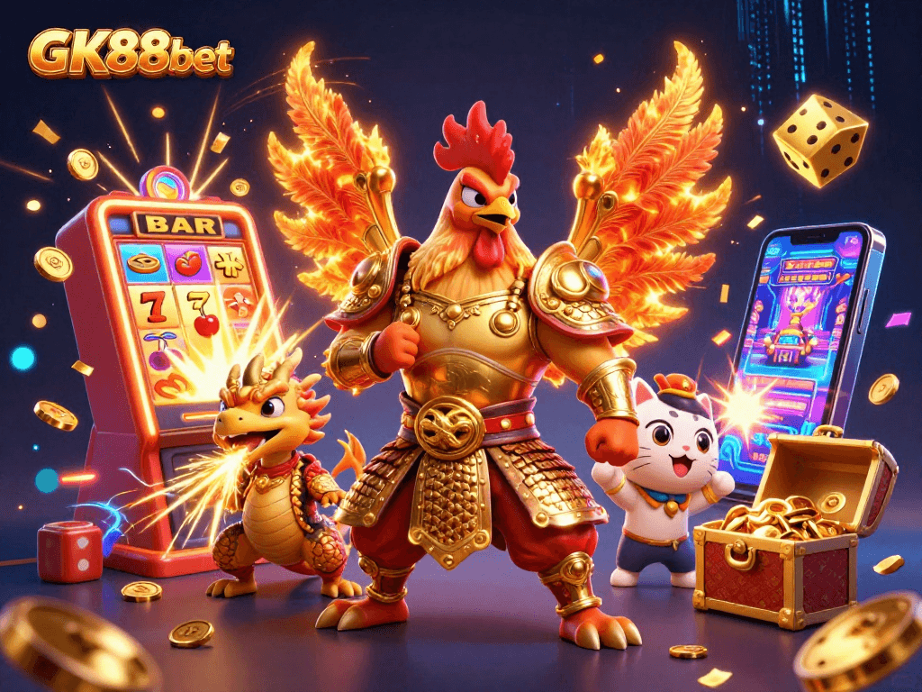 Experience thrilling wins at GK88bet with a 3D illustration capturing the excitement of casino games and big jackpots.