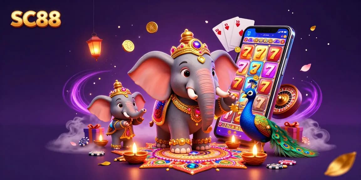 SC88 showcases a vibrant scene with a Diwali-themed elephant and casino games, celebrating festive play.