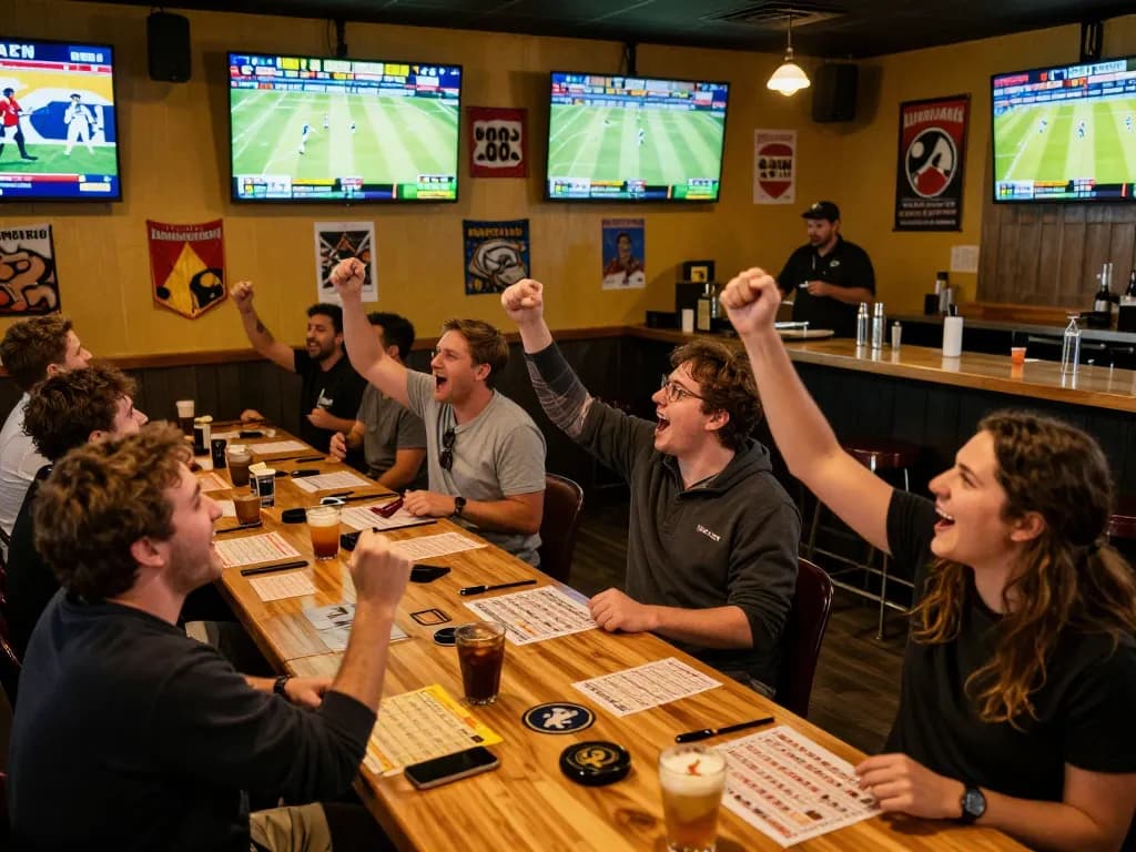 Engaged sports bettors celebrating wins while placing bets using SC88 mobile app amidst lively sports bar atmosphere