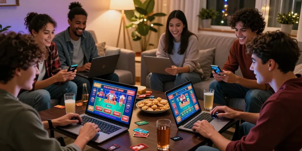 Friends enjoying online gaming at credit card casinos while visiting https://crownwoods.org.uk, showcasing excitement and social interaction.