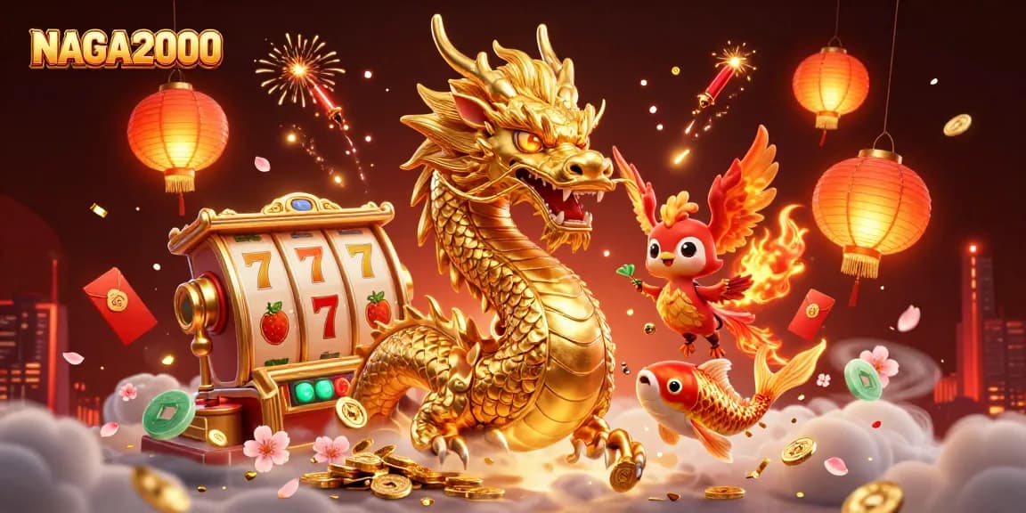 NAGA2000 menampilkan naga emas dan phoenix dalam pemandangan bertema kasino yang hidup, menampilkan slot dan keberuntungan.