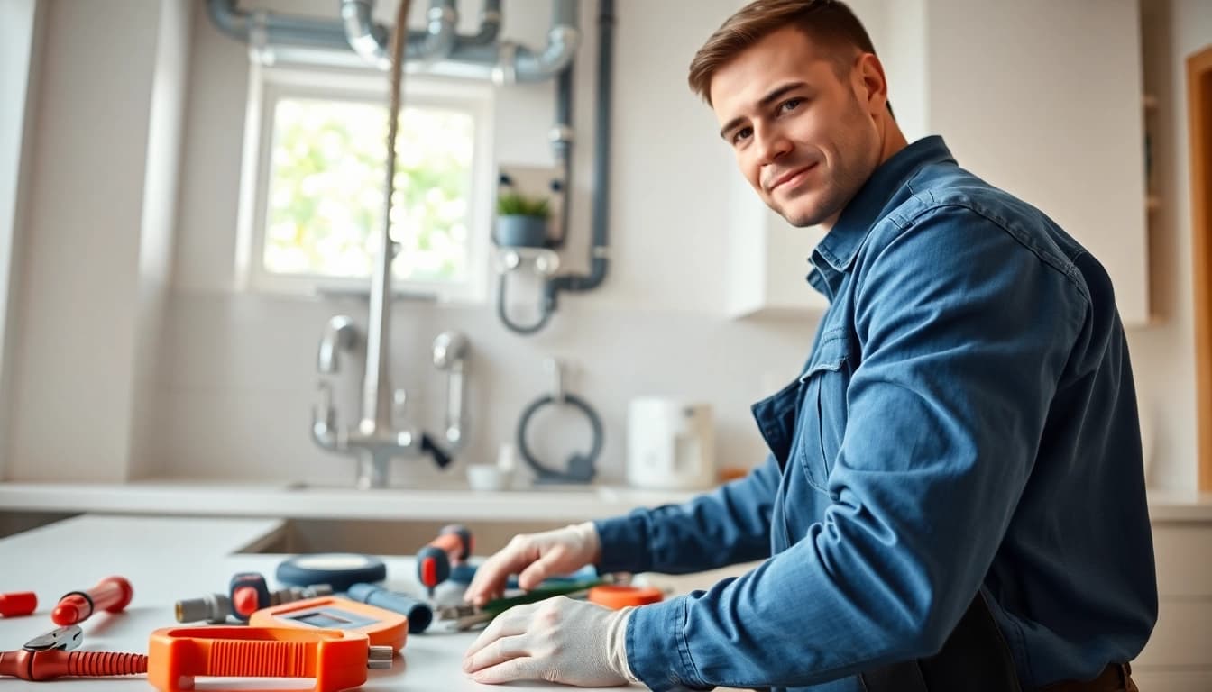 Efficient plumber near me fixing a sink in a modern kitchen.