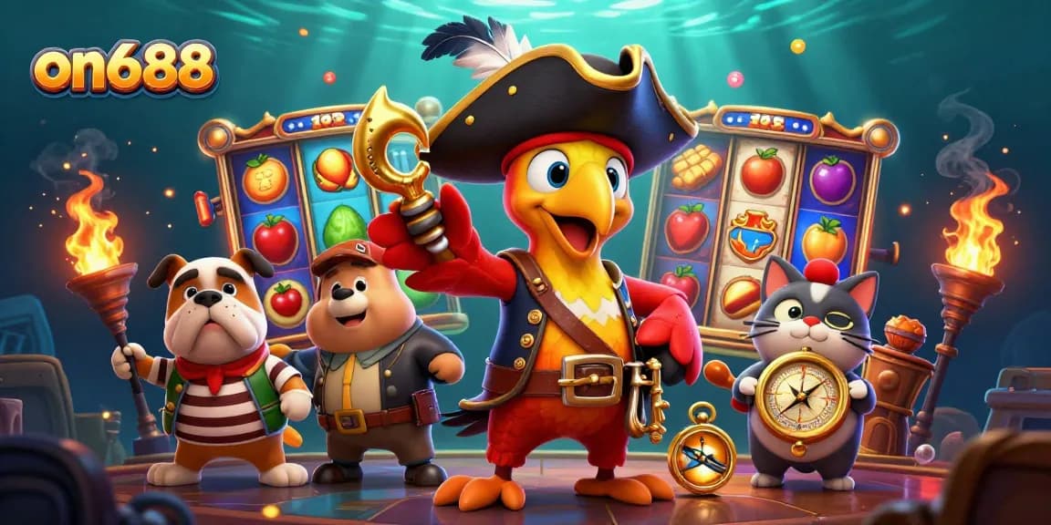 Experience thrilling gaming action with on688 in this vibrant pirate-themed casino scene.