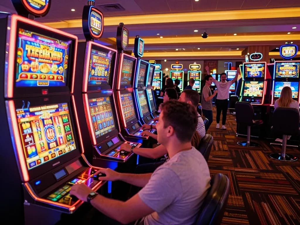 Players strategically engaging with SLOT machines, vibrant casino floor atmosphere, celebrating wins.
